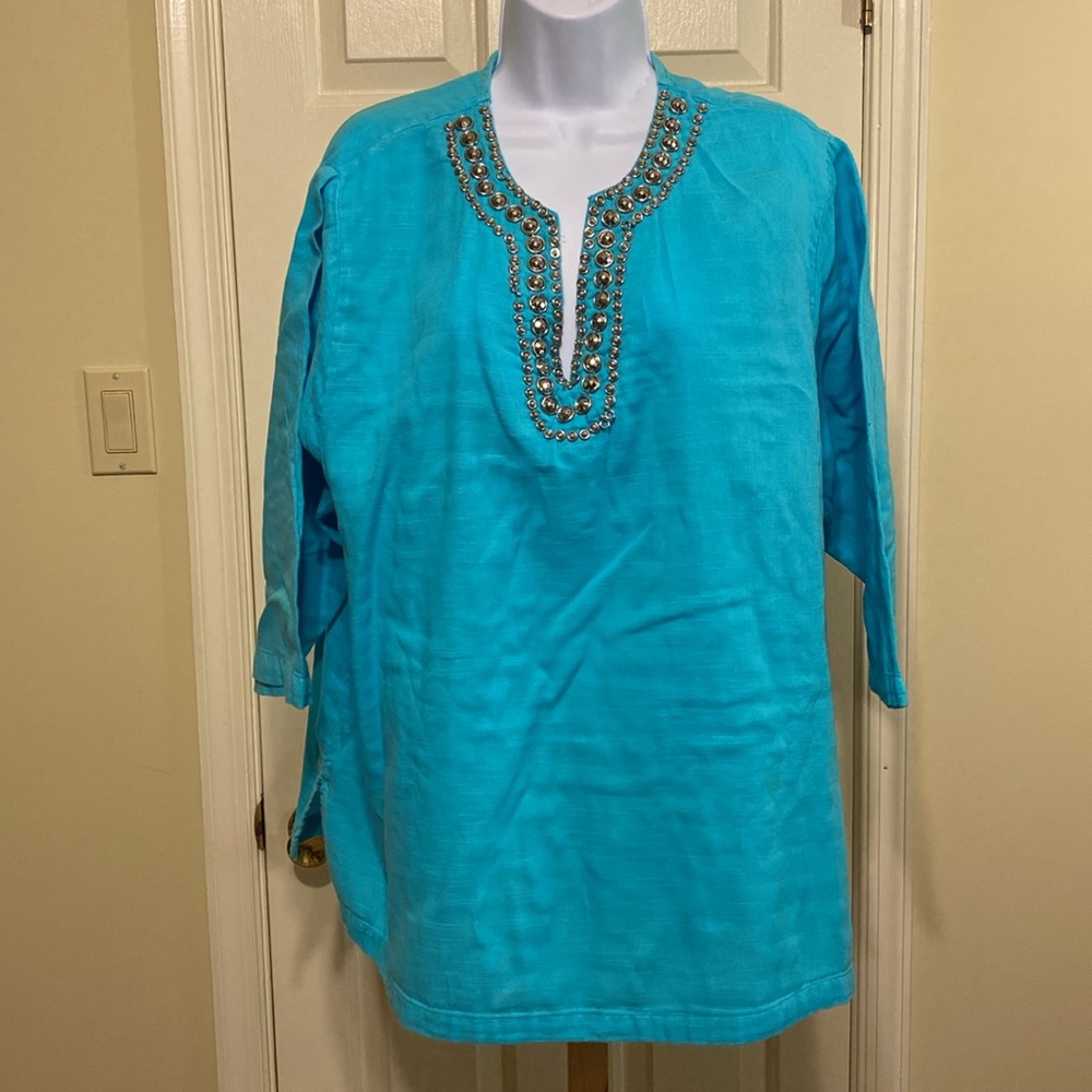Cathy Daniel’s - Teal v-neck tunic, silver stud decor neckline & 3/4 sleeves, 1X